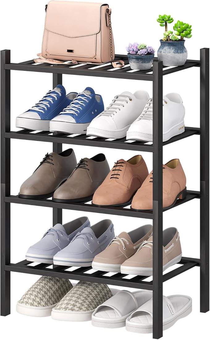 viewcare Black Small Shoe Rack for Entryway, 4-Tier Bamboo Shoe Organizer for