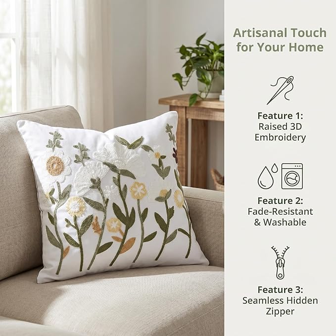 Neutral Floral Embroidered Throw Pillow Covers 20x20 Inch White Daisy Camel