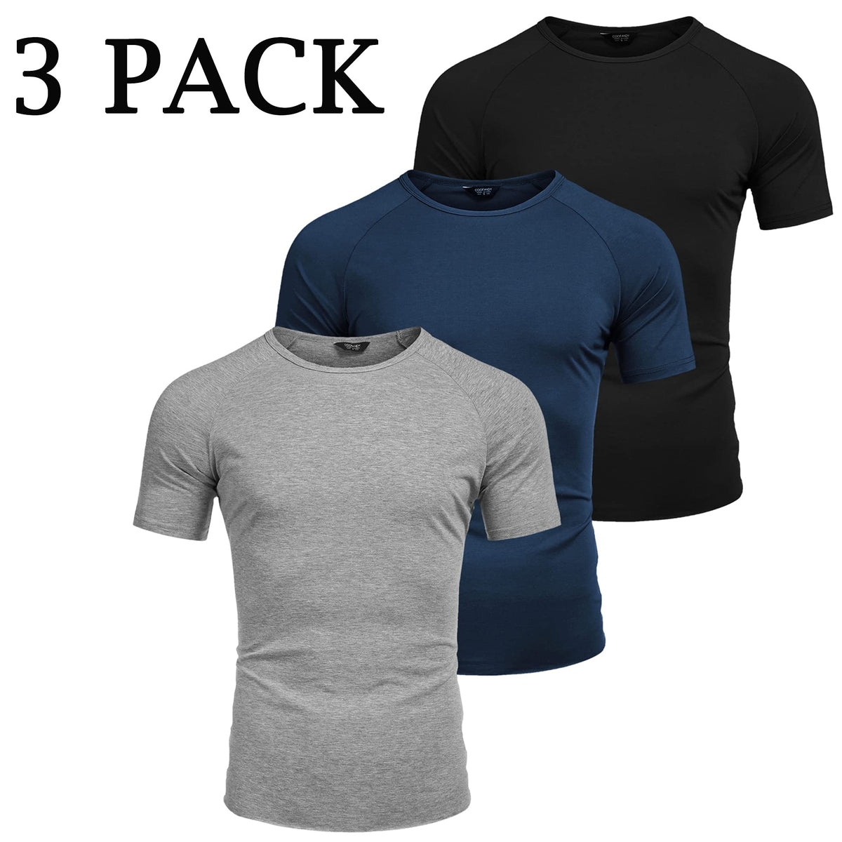 COOFANDY Men 3 Pack Workout T Shirt Short Sleeve Gym Bodybuilding Muscle Shirts Base Layer Fitness Tee Tops 02-Black/Navy Blue/Grey