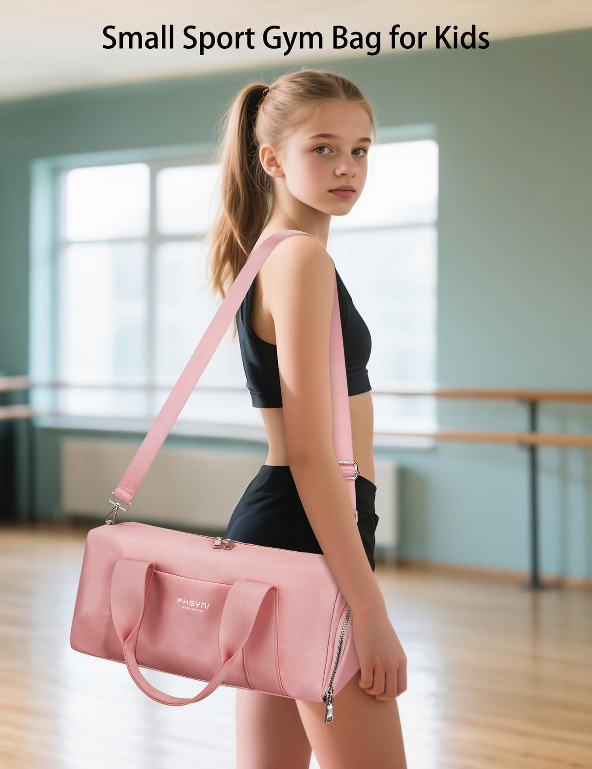 PHSYNI Compact Sports Gym Bag for Women Girls, Cute Mini Duffle Bag with Wet Pocket & Shoes Compartment, Personal Item Travel Workout Bag, 16"-Small, Pink