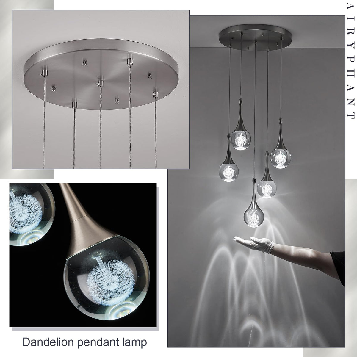 5 Lights Crystal Pendant Light, Brushed Nickel 25W Dimmable LED Teardrop Cluster Pendant Lighting Fixture for Dining Room Over Kitchen Island Bathroom Room Foyer Hallway Bedroom 6000k Cold White