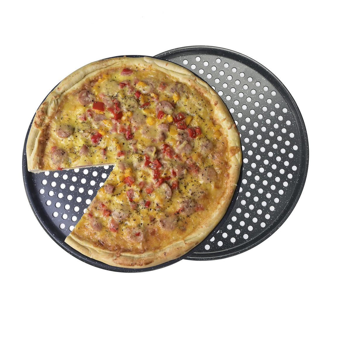 Monfish 14 inch Pizza Pan with holes 2 pack perforated huge Pizza Tray Carbon Steel Crisper Pan Non stick Pizza pan for oven