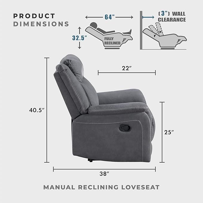 Lexicon Manual Double Reclining Loveseat, Polished Microfiber Manual Wall