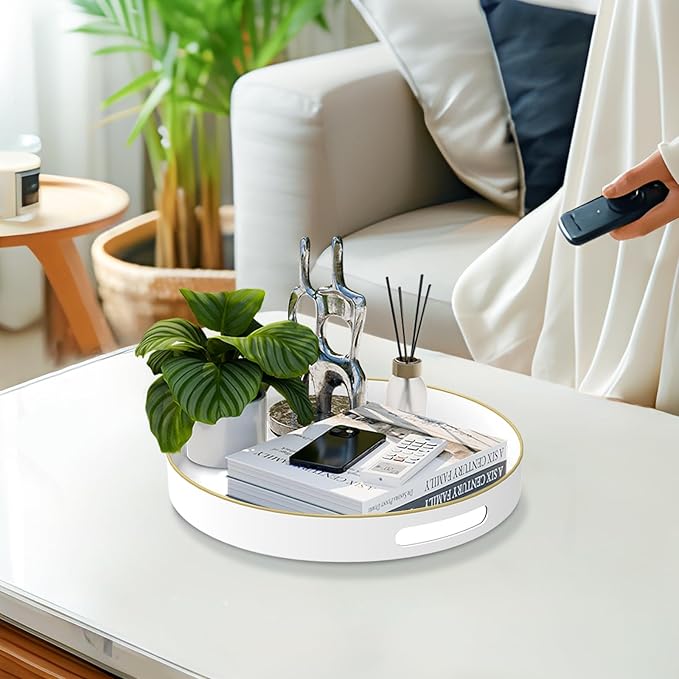 MAONAME White Decorative Tray for Coffee Table, Modern Round Serving Tray