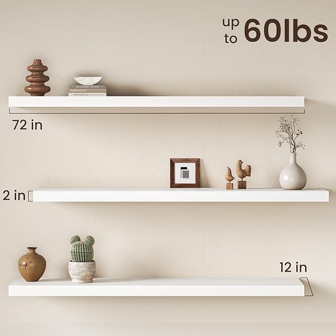 Fun Memories 72 Inch Floating Shelves, 12 Inch Deep Wall Shelf