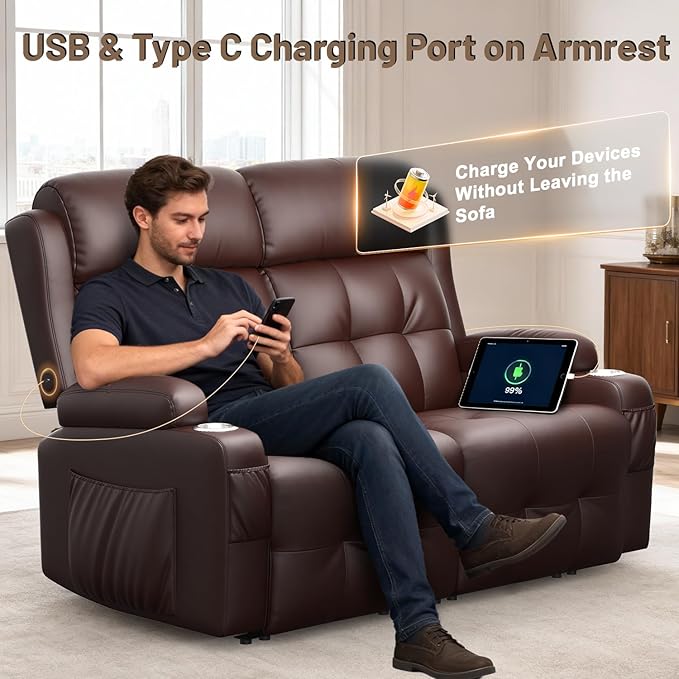 Power Loveseat Recliner with 2-Point Graphene Heat & Massage, Under-Seat
