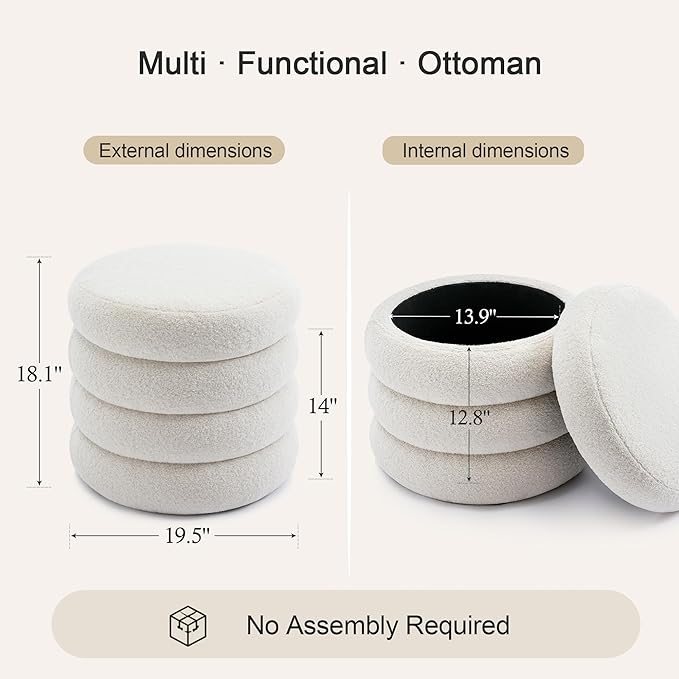 Flouki 19.5" Storage Ottoman Round, Vanity Stools