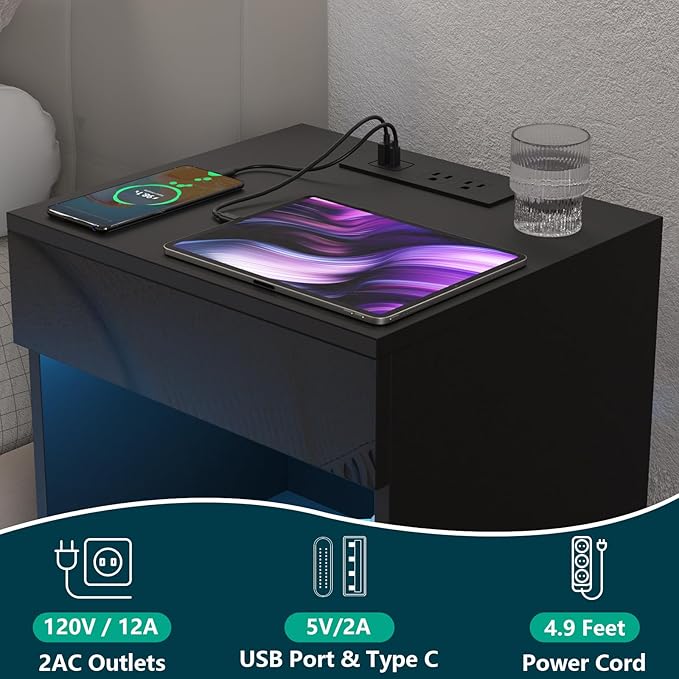 HOMMPA Open Shelf LED Nightstand
