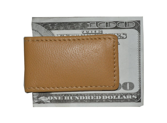 Leatherboss Genuine Leather Slim Magnetic Minimalist Bifold Money Clip Cash Holder Wallet, Tan