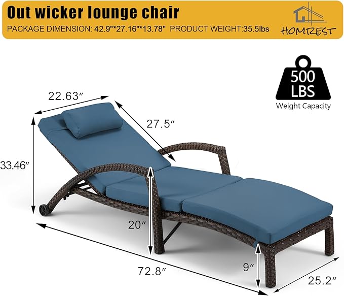 HOMREST Chaise Lounge Chairs Set of 2, PE Rattan Wicker Patio Lounge Chair