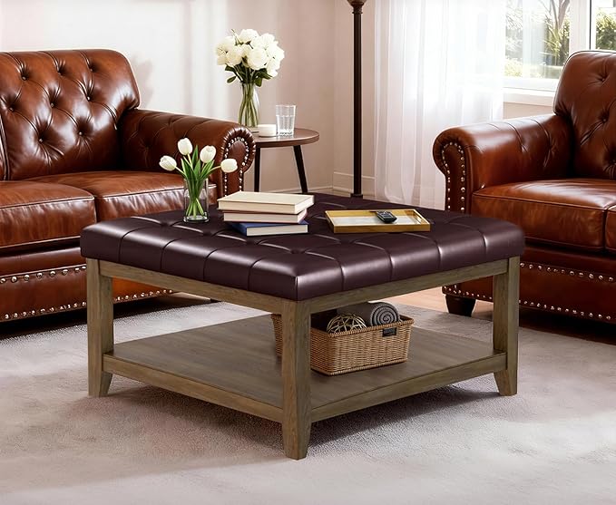 ABHENG 31.5” Large Square Storage Ottoman, Upholstery Solid Rubberwood Coffee