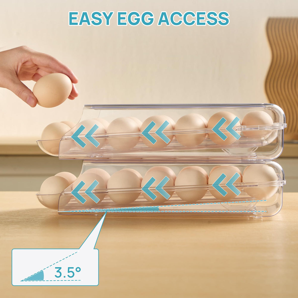 Vtopmart Clear Plastic Egg Holder for Fridge, Automatic Rolling Egg Container for Refrigerator, Stackable 14-Count Eggs Organizer with Removable Inner Tray, Fridge Organizers and Storage, 2Pack