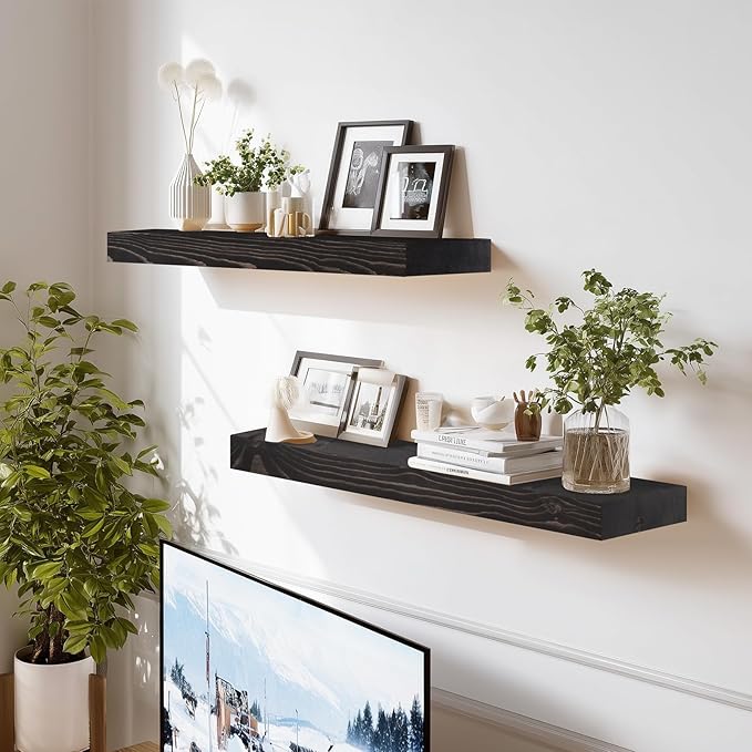 24x8x1.6 inch Floating Shelves Set of 2 – Solid Wood Rustic Black Wall Mounted
