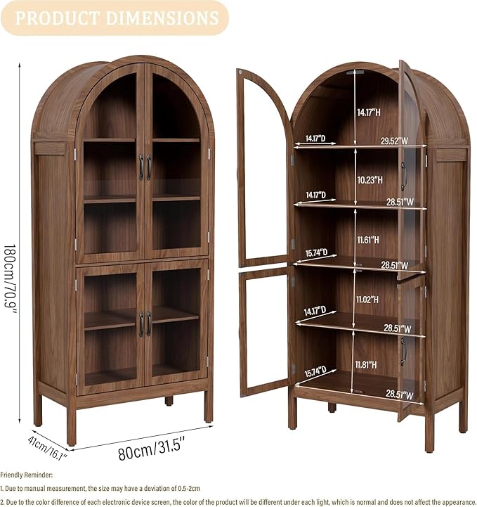 Arched Display Cabinet with Acrylic Glass Doors, 70.9'' Tall Curio Cabinet with