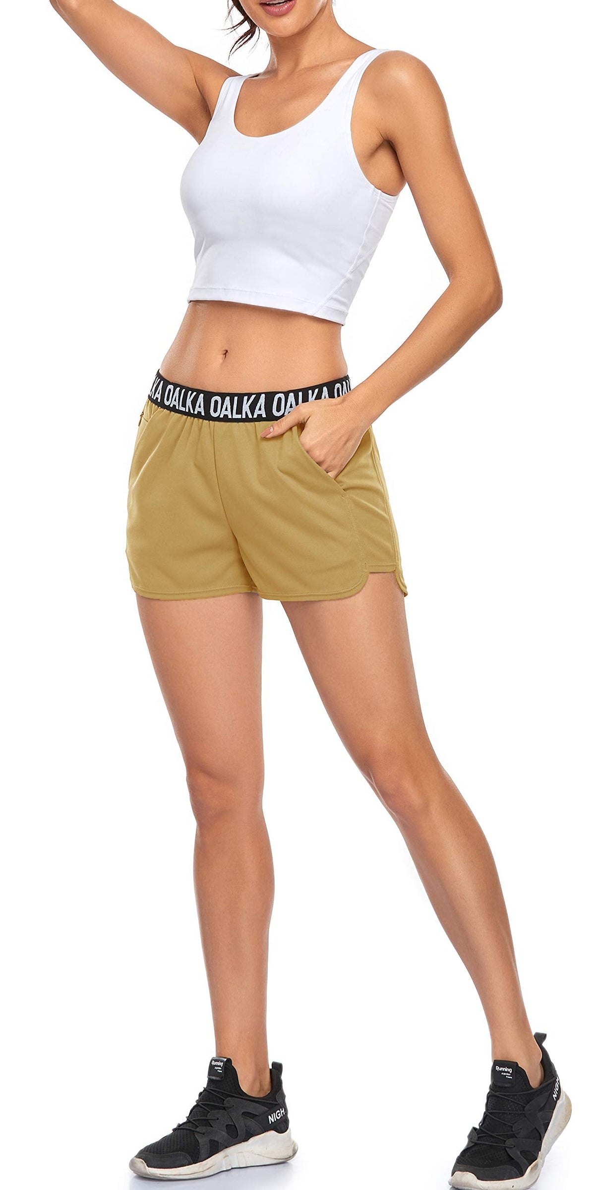 Oalka Women's Running Shorts Out Side Pockets Sports Athletic Workout Fittness Lightweight Gym Shorts Mustard L