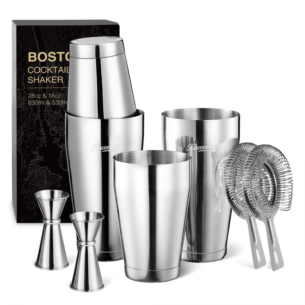 KITESSENSU Boston Cocktail Shaker Set, 8-Piece Professional Bartender Kit with Stainless Steel Martini Drink Mixer, Hawthorne Strainers, Double Jiggers, Dishwasher Safe Bar Tools for Home Bars & Gifts
