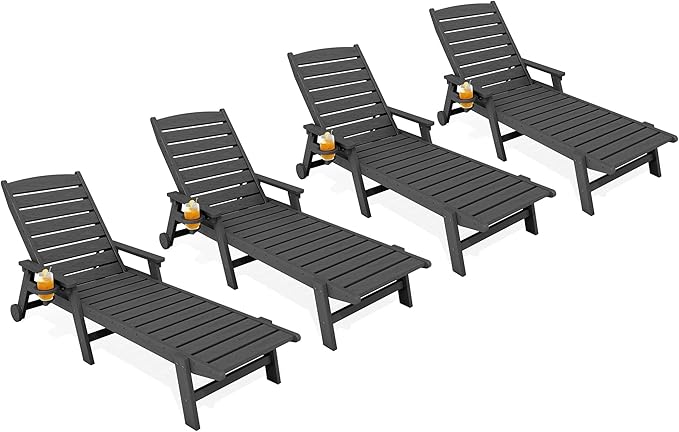 KINGYES HDPE Lounge Chair Outdoor Set of 4, Patio Chaise Lounge Recliner