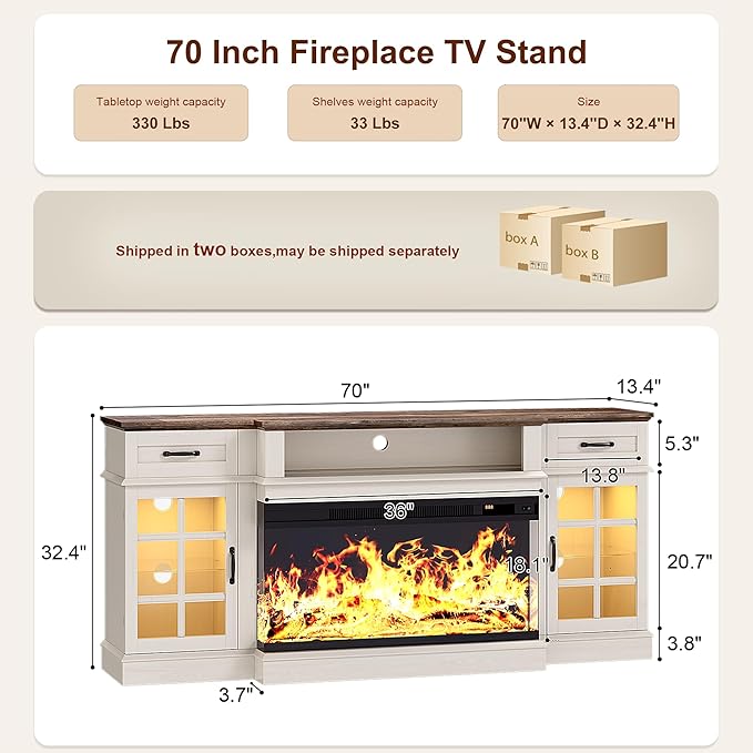 MXV 70" Fireplace TV Stand, 3-Sided Glass Fireplace and Modern Entertainment