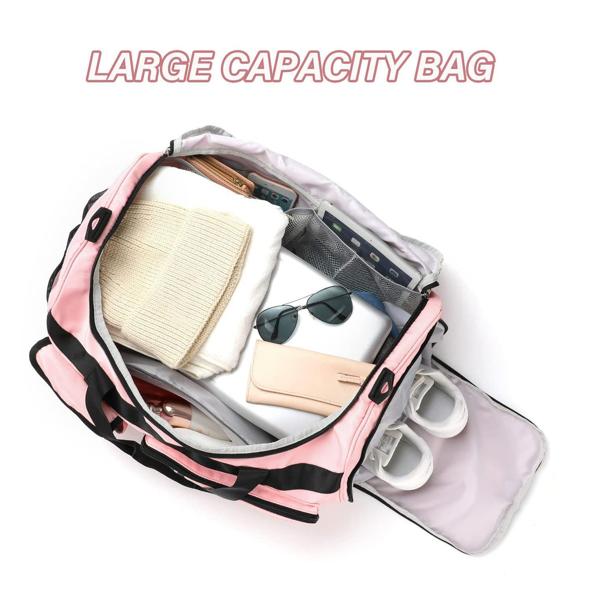 MAXTOP Gym Bag for Women Travel Duffle Carry On Tote Weekender Bag Large Capacity Pink Overnight Bag With Shoe Compartment Gym Tote with Dry and Wet Separation
