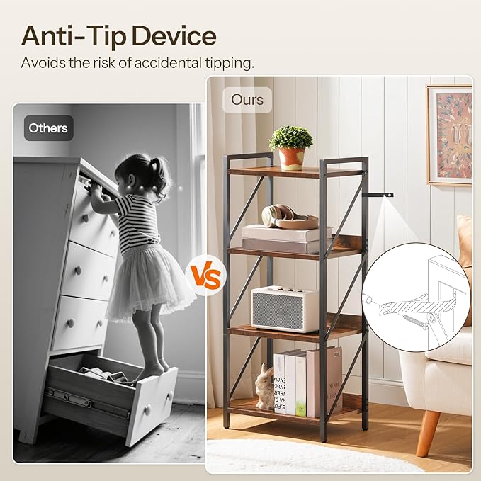 HOOBRO Bookshelf, 4-Tier Industrial Bookcase, Book Shelf Storage Organizer
