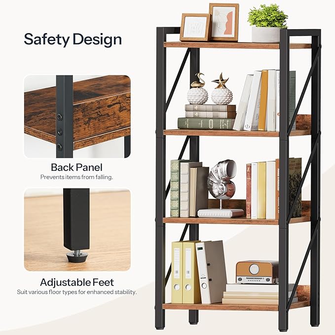 HOOBRO Bookshelf, 4-Tier Industrial Bookcase, Book Shelf Storage Organizer