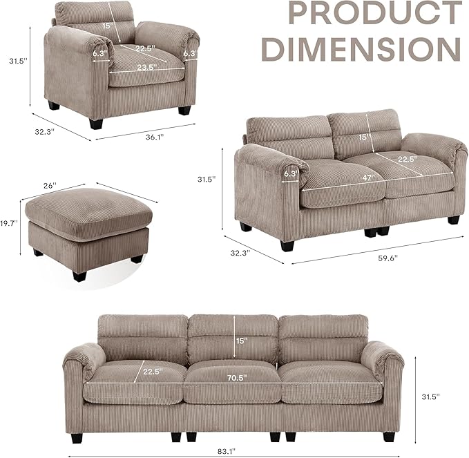 HAOMARKETS Corduroy 2-Piece Sofa Set, Upholstered Ottoman and Loveseat 2-Seater