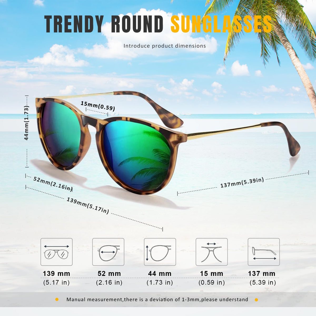 CHBP Sunglasses Womens Men Polarized UV Protection Trendy Vintage Retro Round Mirrored Lens Sunglasses For Women