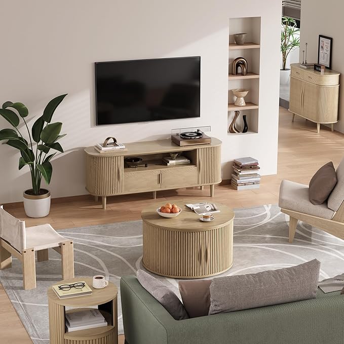 JOINICE 31.5" Round Lift Top Coffee Table, Natural Oak Modern Fluted Drum
