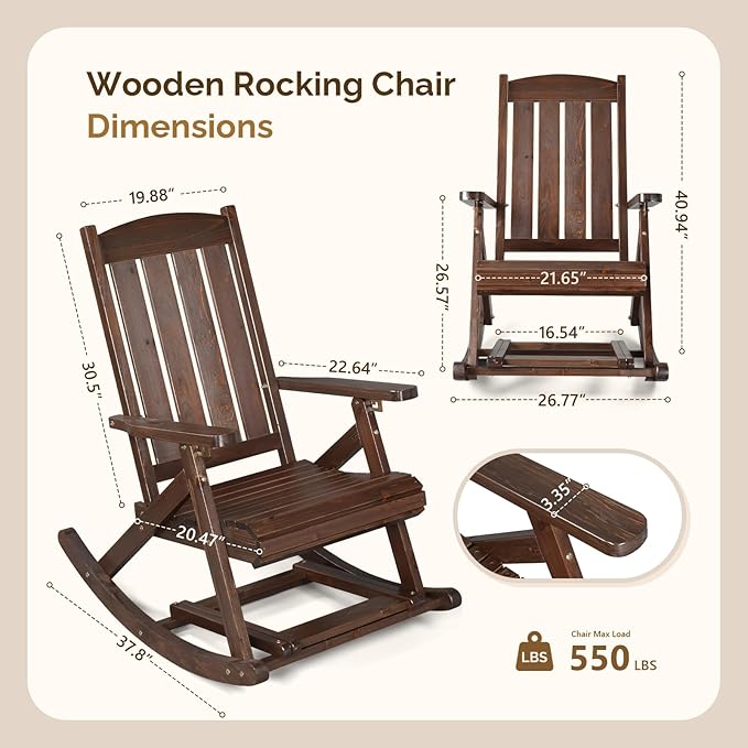VINGLI Wooden Porch Rocking Chair, Heavy Duty Outdoor Rocking Chair