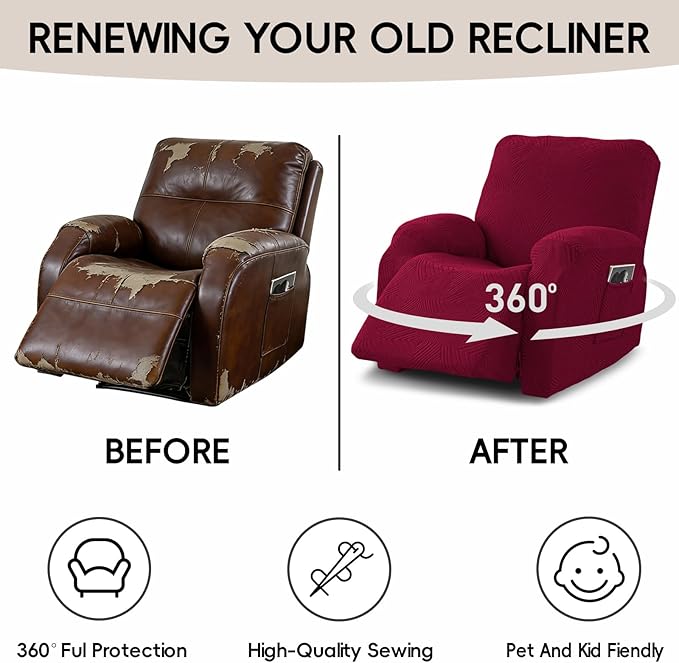 Recliner Chair Covers, 4-Piece Stretch Geometric Strokes Jacquard Reclining