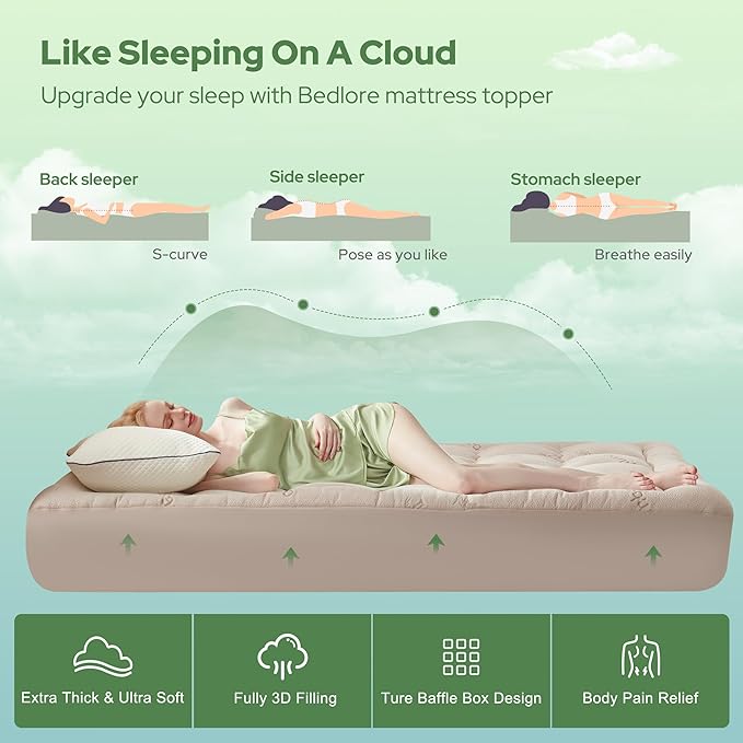 BEDLORE Full Size Mattress Topper Viscose Derived from Bamboo, Thick Pillow Top