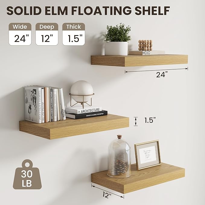 Dreamland Floating Shelves 24inch, 2 Pack Rustic Wooden Wall Shelves, Wall