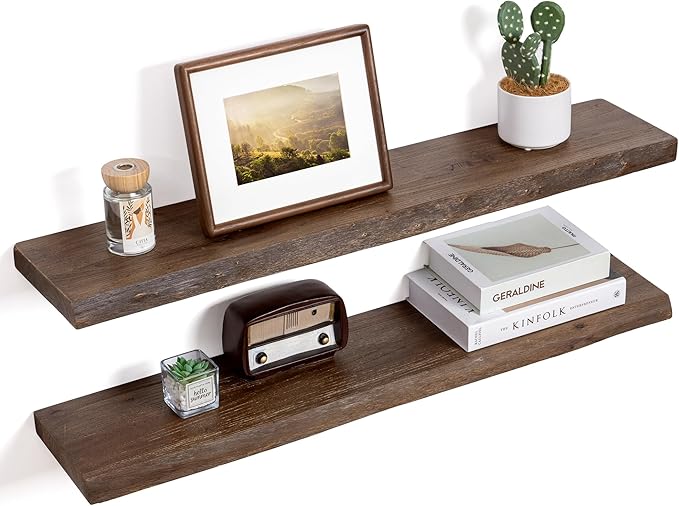 Floating Shelves for Wall Decor, Rustic Solid Elm Wood Live Edge Floating