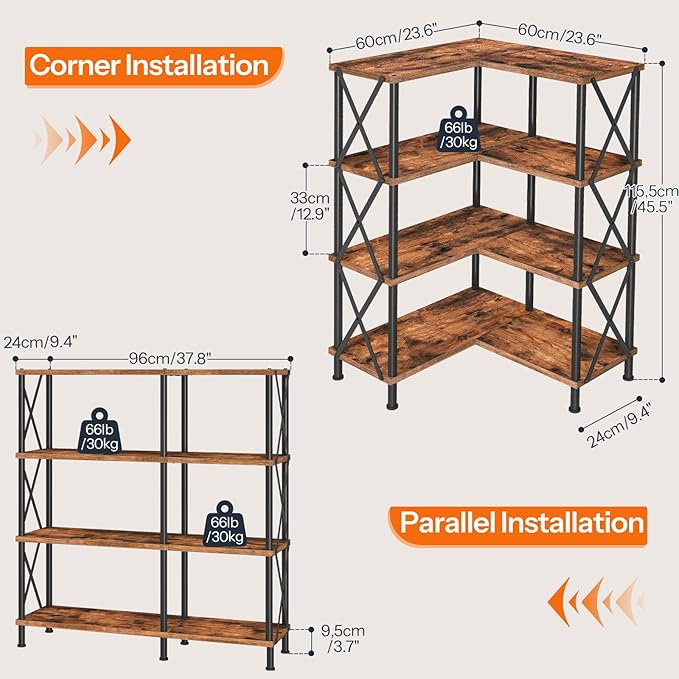 HOOBRO Corner Bookshelf, 4-Tier L-Shaped Bookcase, Industrial Open Display