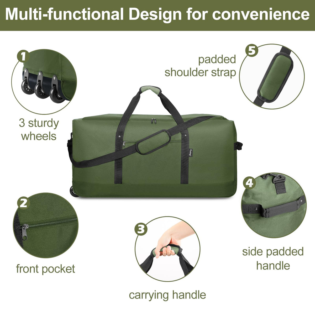 Finnhomy 120L Foldable Rolling Duffel Bag with 3 Wheels, Light Weight Travel Duffel bag with Large Loading Capacity, 32 inch Rolling Duffel bag with Shoulder Strap for Travel Camping Sports, Green