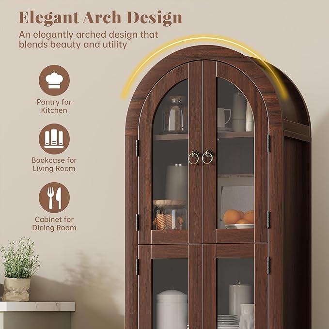 71" Tall Arched Cabinet with Acrylic Door, Modern Curio Arched Bookcase with