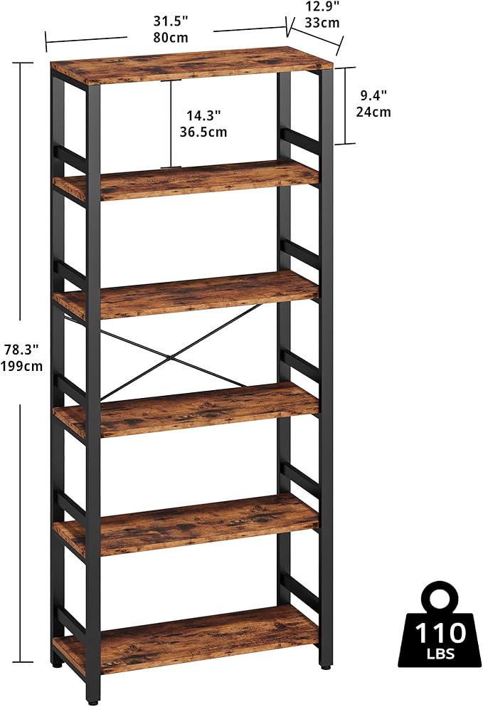 IRONCK Bookshelf, 31.5in Wide Shelf 6 Tier Bookcase, 110lbs/shelf Vintage