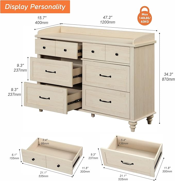 WAMPAT 6 Drawers Dresser for Bedroom, Elegant Wooden Chest of Drawers Kids