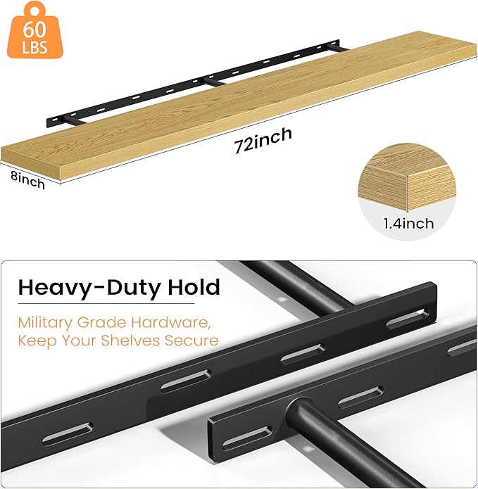 Fun Memories Floating Shelves for Wall, 72 Inch Long Set of 2 Rustic Wood Wall