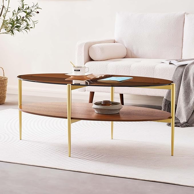 LumFurn Oval Glass Coffee Table, Mid-Century Modern Design, L43 x W22 x H17 inch