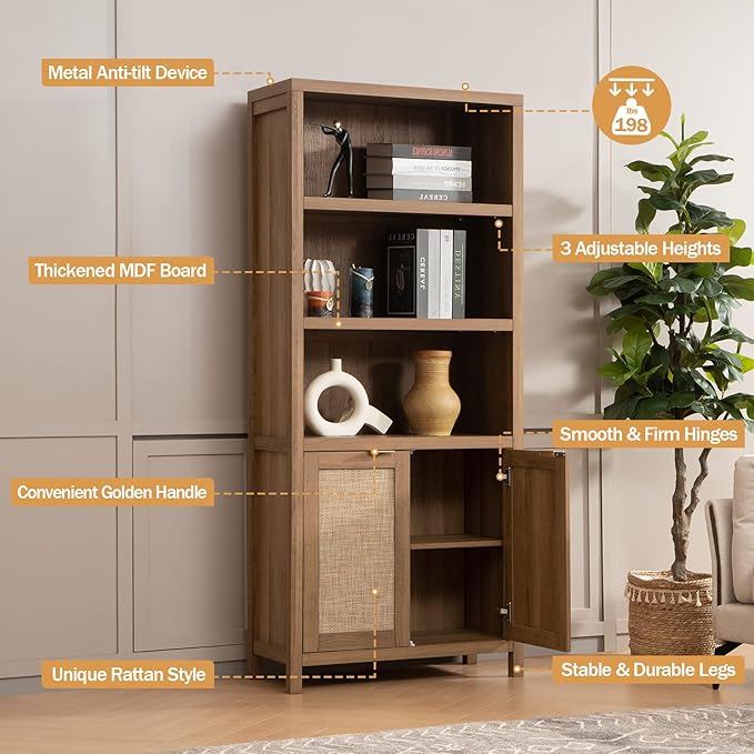 SICOTAS Bookcase 71" Tall Bookshelf 5 Tier Rattan Boho Bookcase