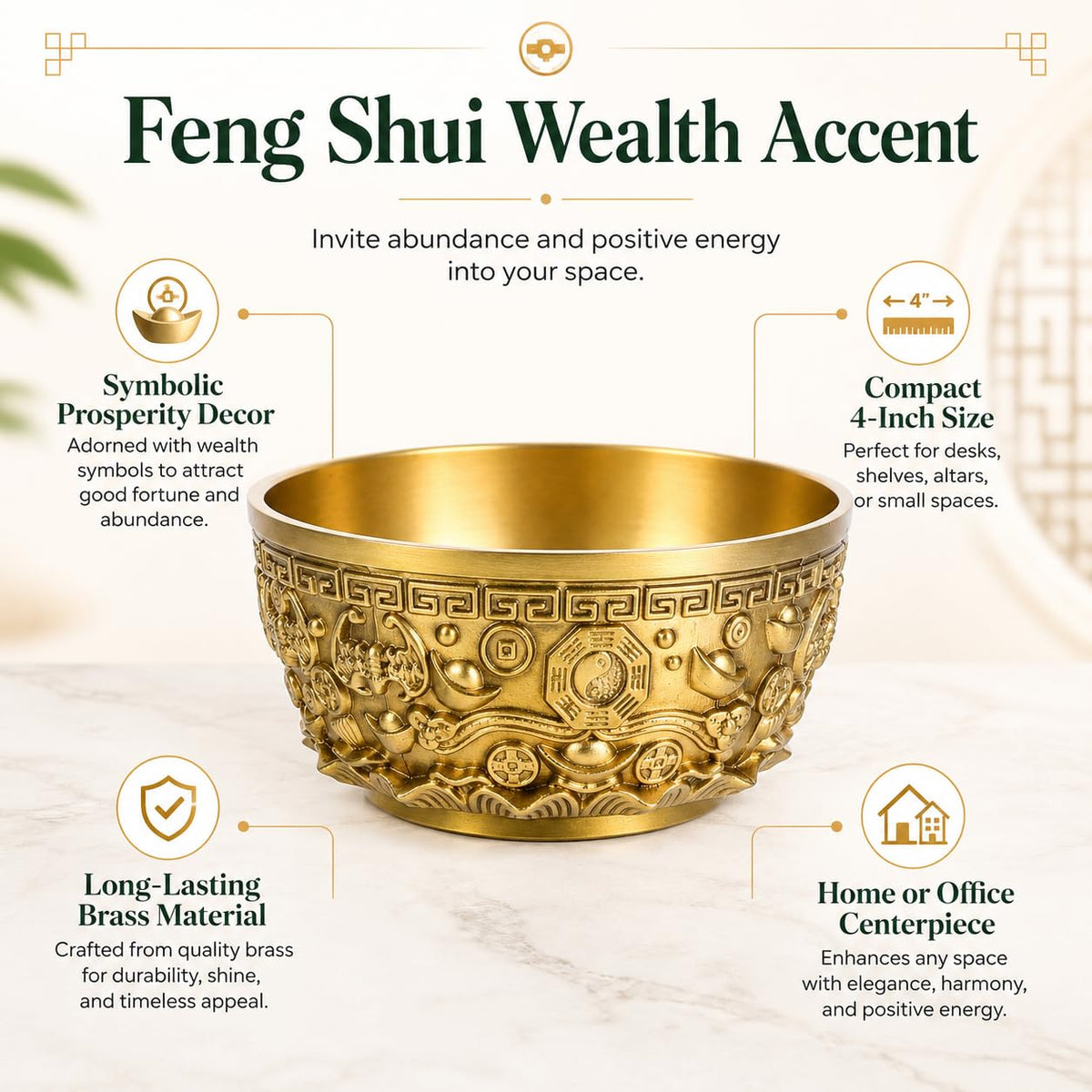 DECHOUS Brass Treasure Bowl 4 Inch Feng Shui Wealth Money Basin Decorative Chinese Style Golden Home Office Centerpiece