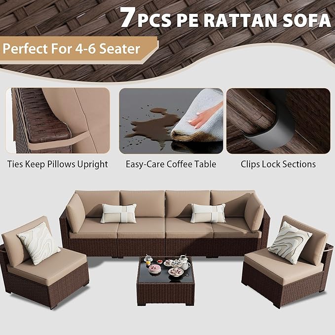KIGOTY 7-Piece Patio Furniture Set, All-Weather PE Rattan Outdoor Sectional Sofa