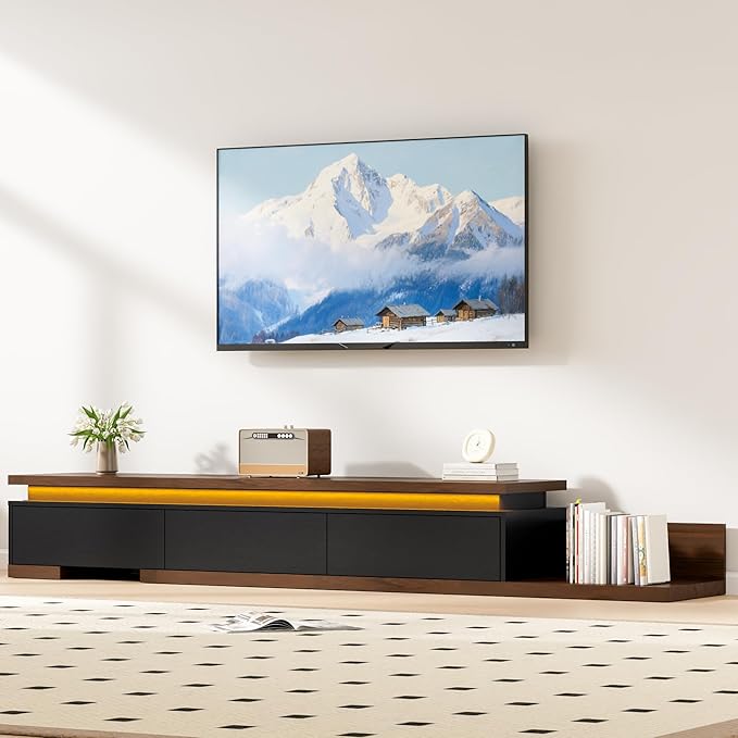 Extendable TV Stand with LED Lights, Modern TV Console with 3 Drawers, Wooden