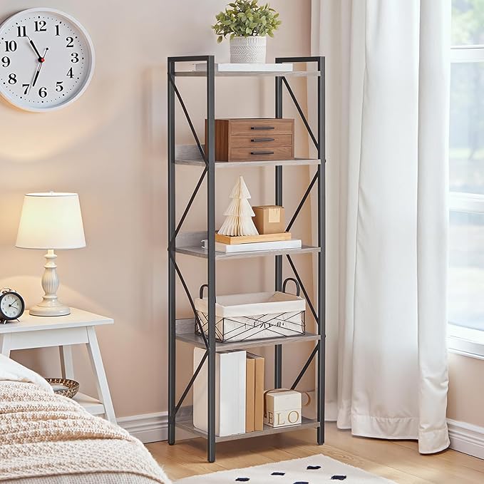 HOOBRO Bookshelf, 5-Tier Industrial Bookcase, Book Shelf Storage Organizer
