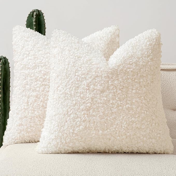 Faux Fur Throw Pillow Covers 20x20 Inch Set of 2 Boucle Neutral Decorative