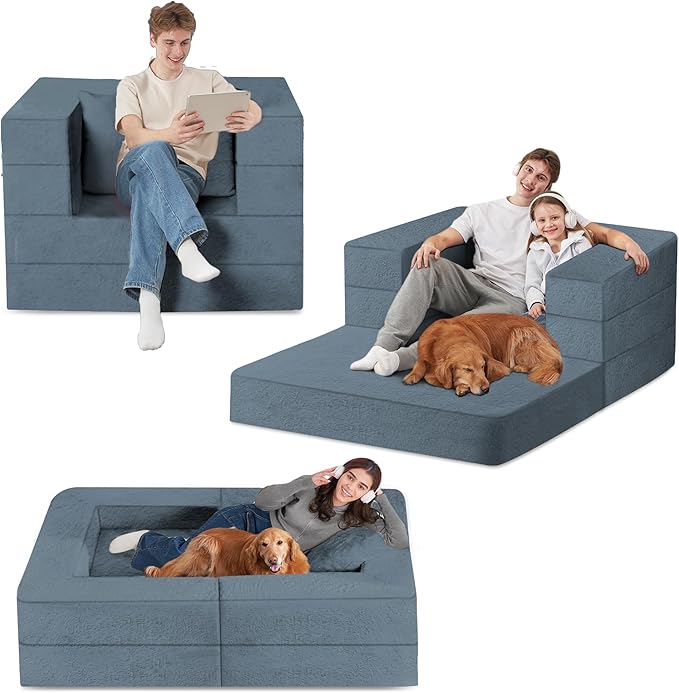 Folding Bean Bag Chair for Adults, 3-in-1 Bean Bag Couch Faux Fur Floor Sofa