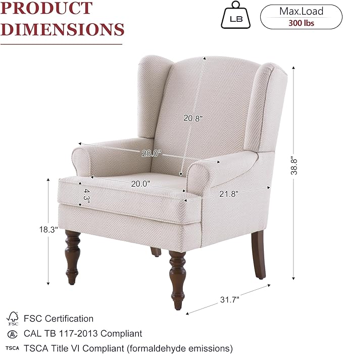 HUIMO Printed Wingback Accent Chair, Linen Upholstered High Back Armchair