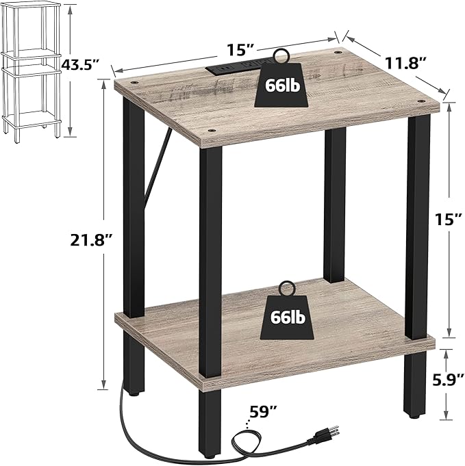 TUTOTAK End Table with Charging Station, Small Side Table with Outlets