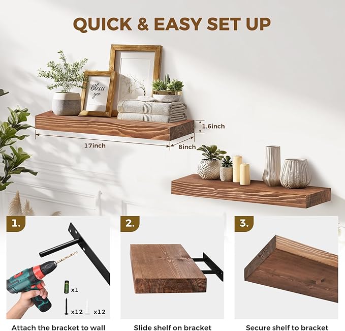 17x8x1.6 inch Floating Shelves Set of 2 – Solid Wood Rustic Brown Wall Mounted